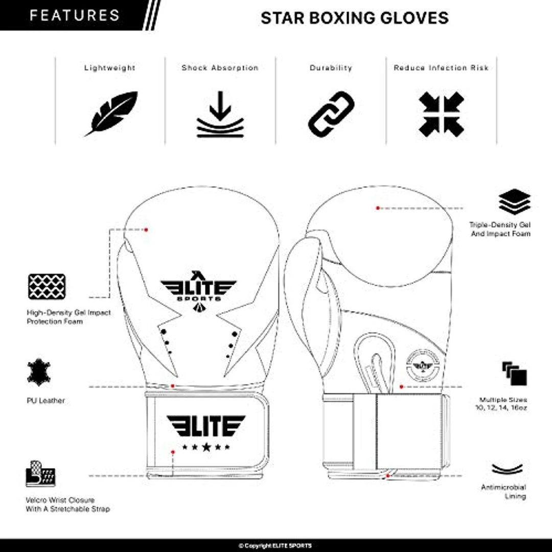 Elite Sports Star Boxing, Kickboxing, Muay Thai Gel Sparring Training Gloves 10 Elite Sports Star Boxing, Kickboxing, Muay Thai Gel Sparring Training Gloves