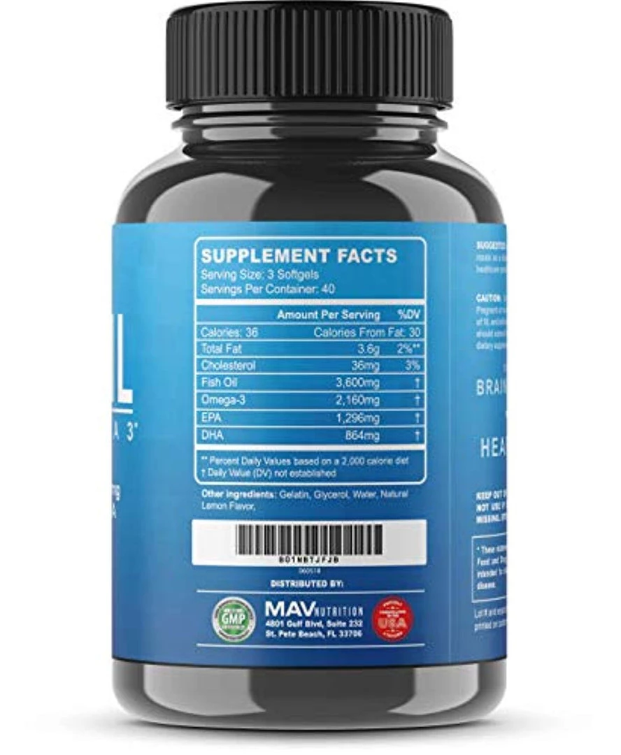 Supplements MAV Nutrition Omega 3 Fish Oil Triple Strength, 3,600mg, Burpless, Non-GMO, NSF-Certified, 120 Count 4 Supplements MAV Nutrition Omega 3 Fish Oil Triple Strength, 3,600mg, Burpless, Non-GMO, NSF-Certified, 120 Count