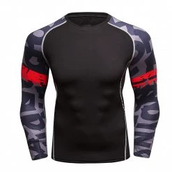 EL FIGHT Rash Guard Men's Soft Slim Long Sleeve Dry-Fit Compression Shirt Red Armband