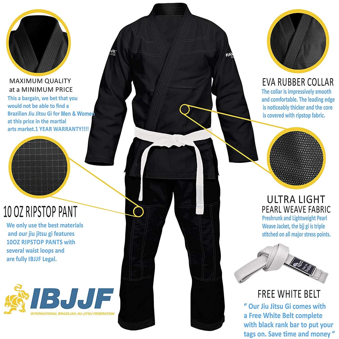 HAWK Jiu Jitsu Brazilian Jiu Jitsu Unisex Gi Ultra Light, Preshrunk, Free White Belt!!! 9 HAWK Jiu Jitsu Brazilian Jiu Jitsu Unisex Gi Ultra Light, Preshrunk, Free White Belt!!!