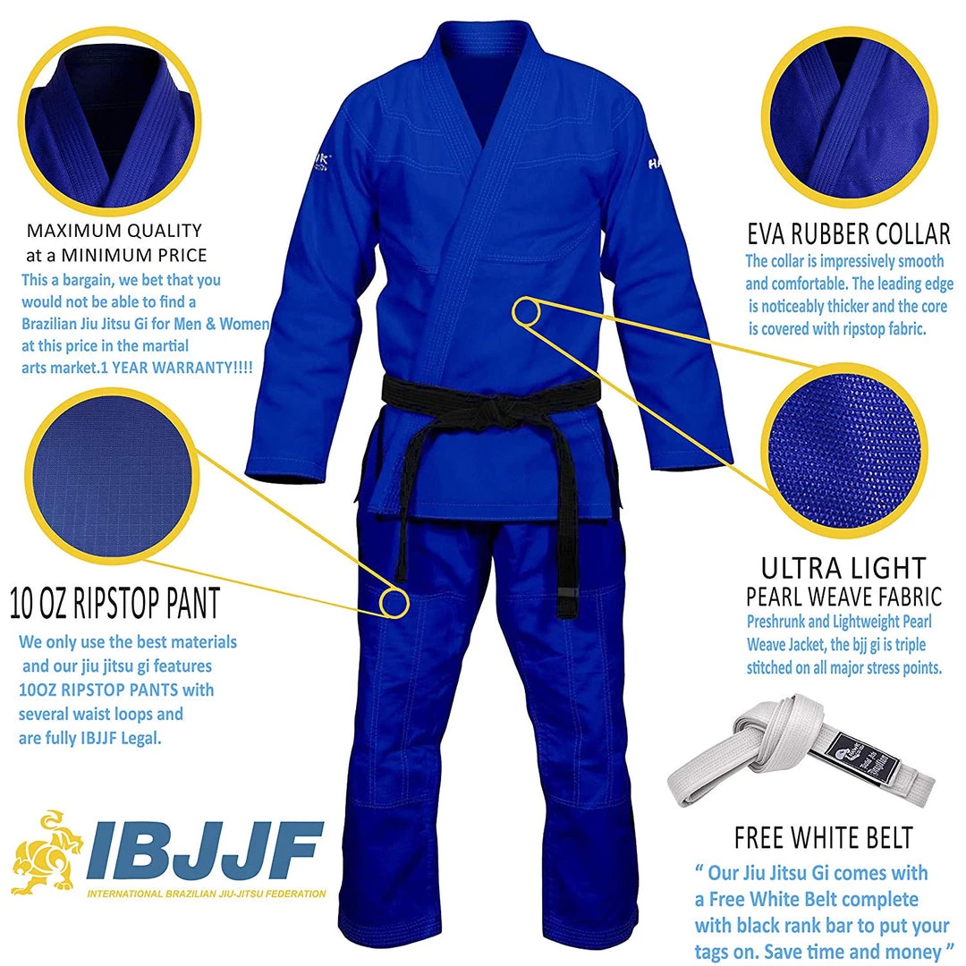 HAWK Jiu Jitsu Brazilian Jiu Jitsu Unisex Gi Ultra Light, Preshrunk, Free White Belt!!! 10 HAWK Jiu Jitsu Brazilian Jiu Jitsu Unisex Gi Ultra Light, Preshrunk, Free White Belt!!!